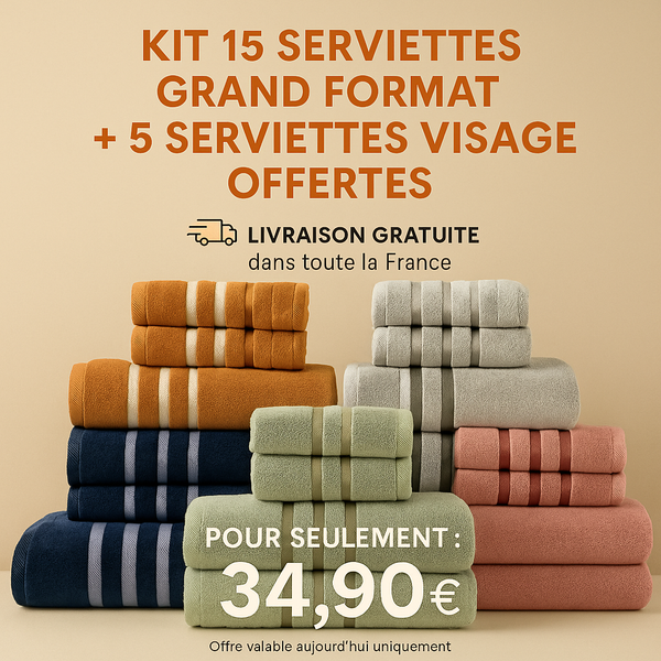 🔥 Lot Premium : 15 Serviettes de Bain Ultra Douces + 5 Offertes pour le Visage
